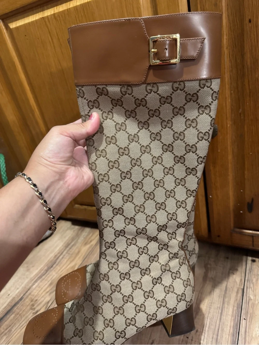 Gucci Beige & Brown Monogram Over-the-Knee Buckle Boot